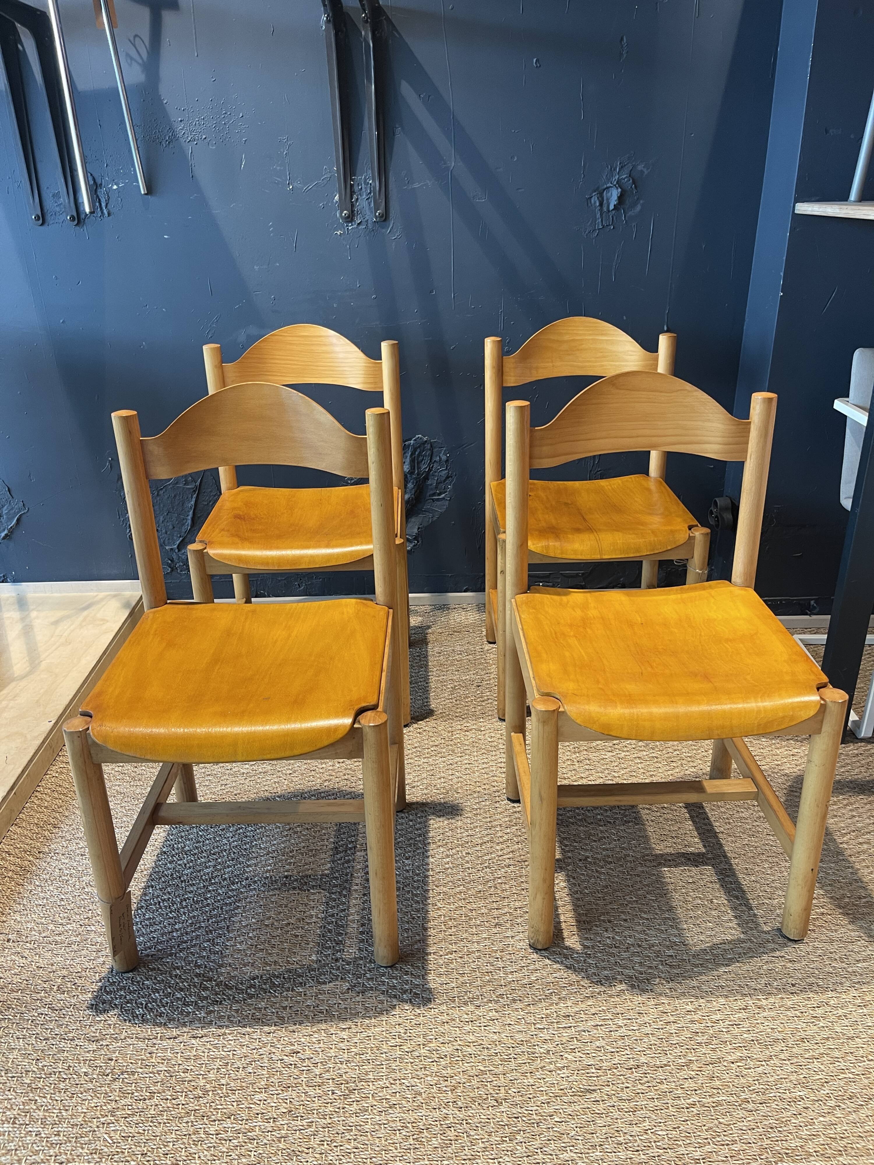 Set of 4 modernist light wood chairs from France, 1990s