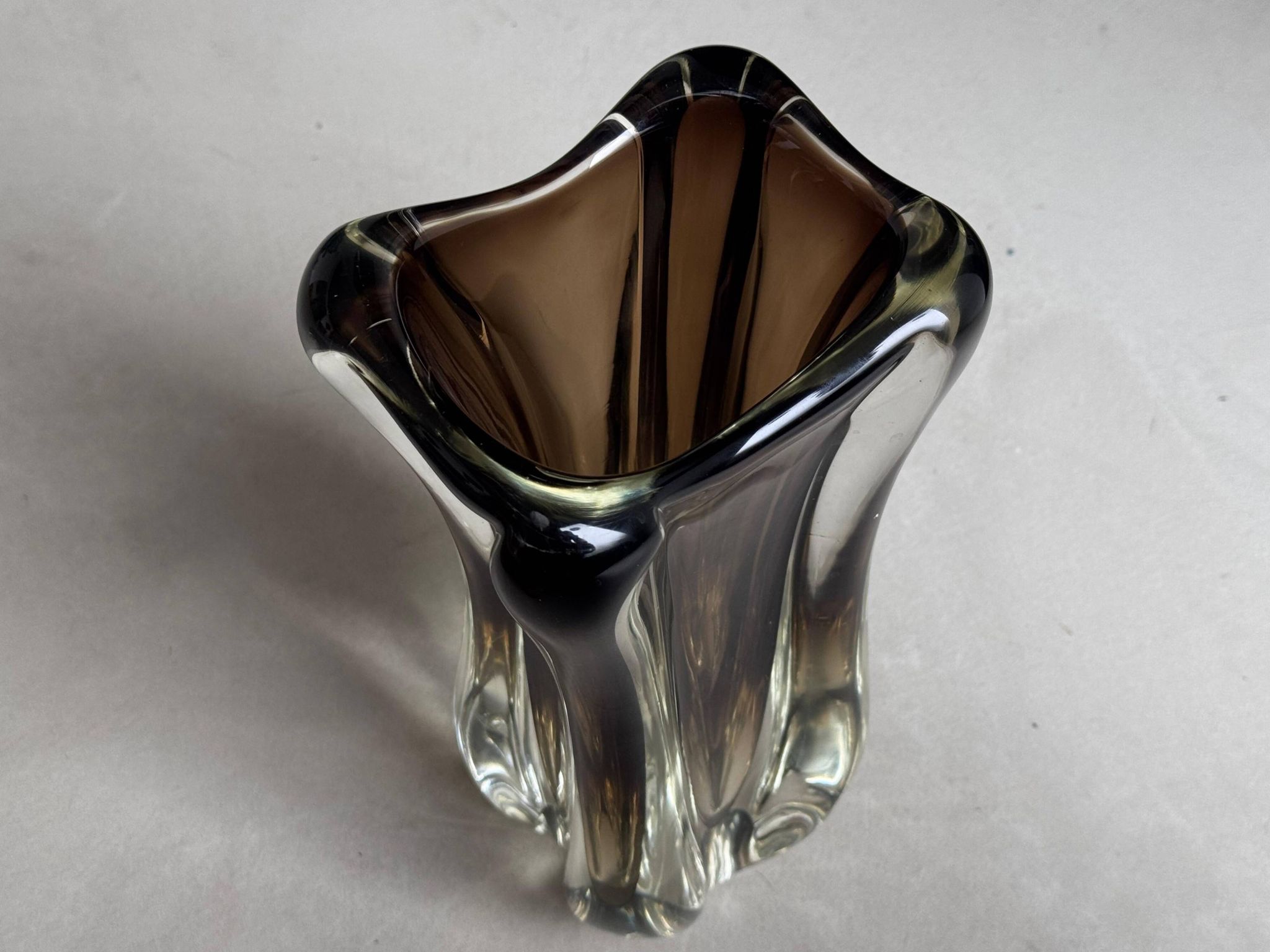 Vintage Murano-Style Art Glass Sommerso Handkerchief Vase, Amber & Clear
