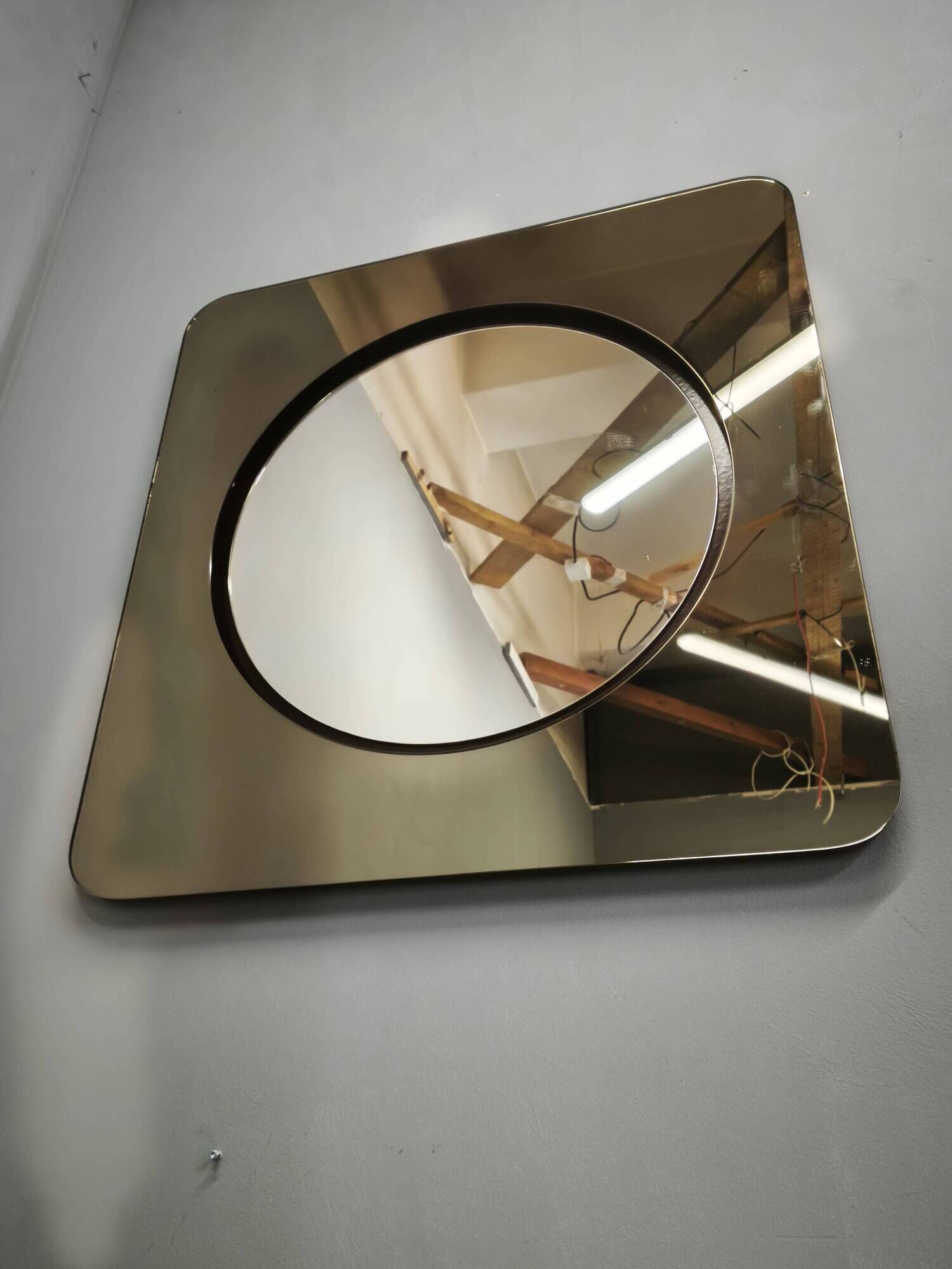1970s Italian Space Age Smoked Glass and Circular Wall Mirror