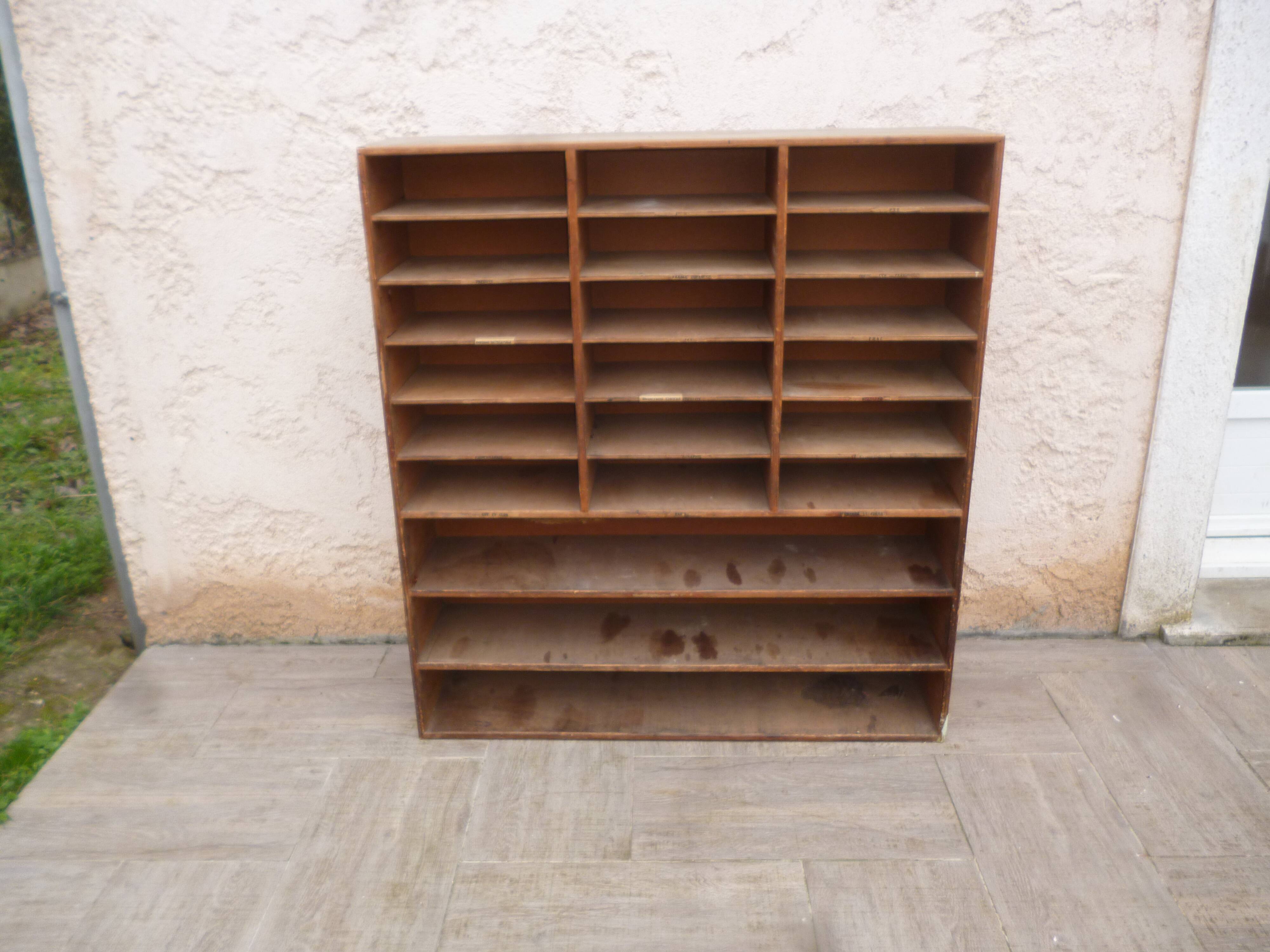 Sorting wood locker cabinet with Vintage labels