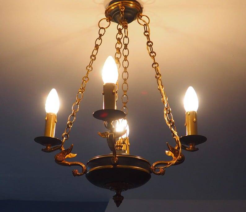 Vintage French Empire Swan Chandelier: Bronze Brass Toleware, C1950s