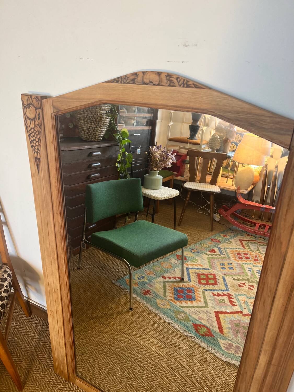 Large old art deco mirror in wood and beveled glass