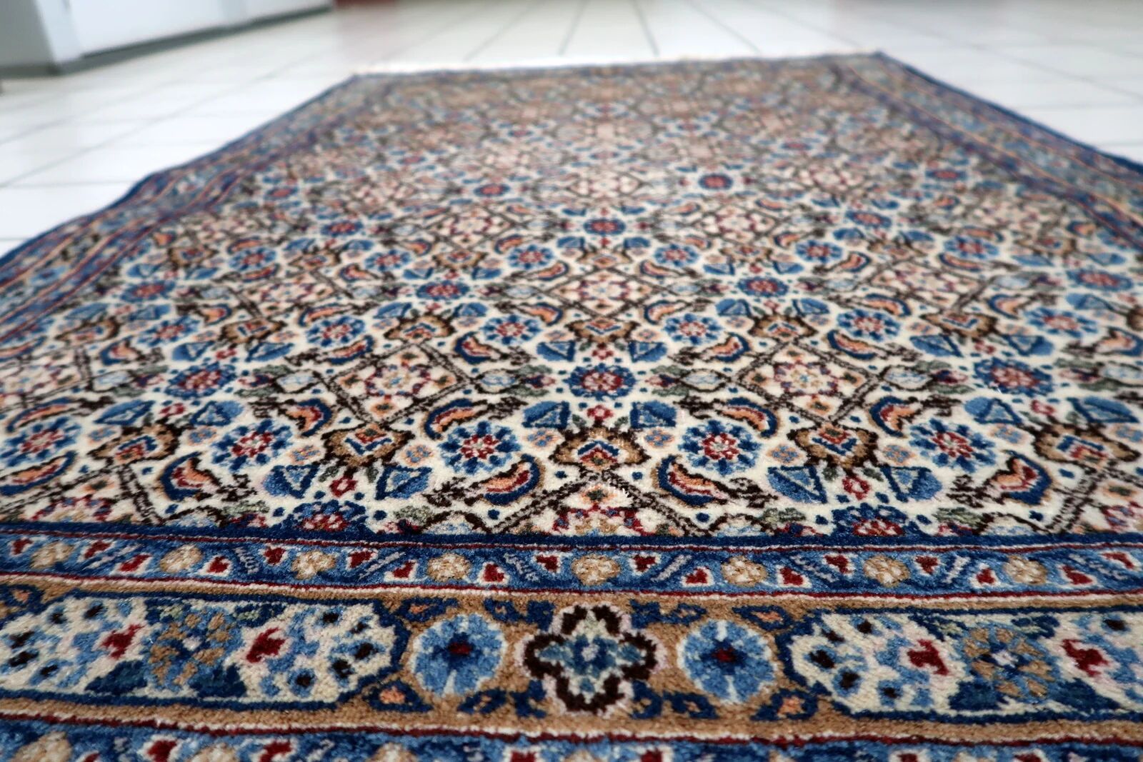 1950s handmade wool floral rug, ivory and blue, 98 × 145 cm
