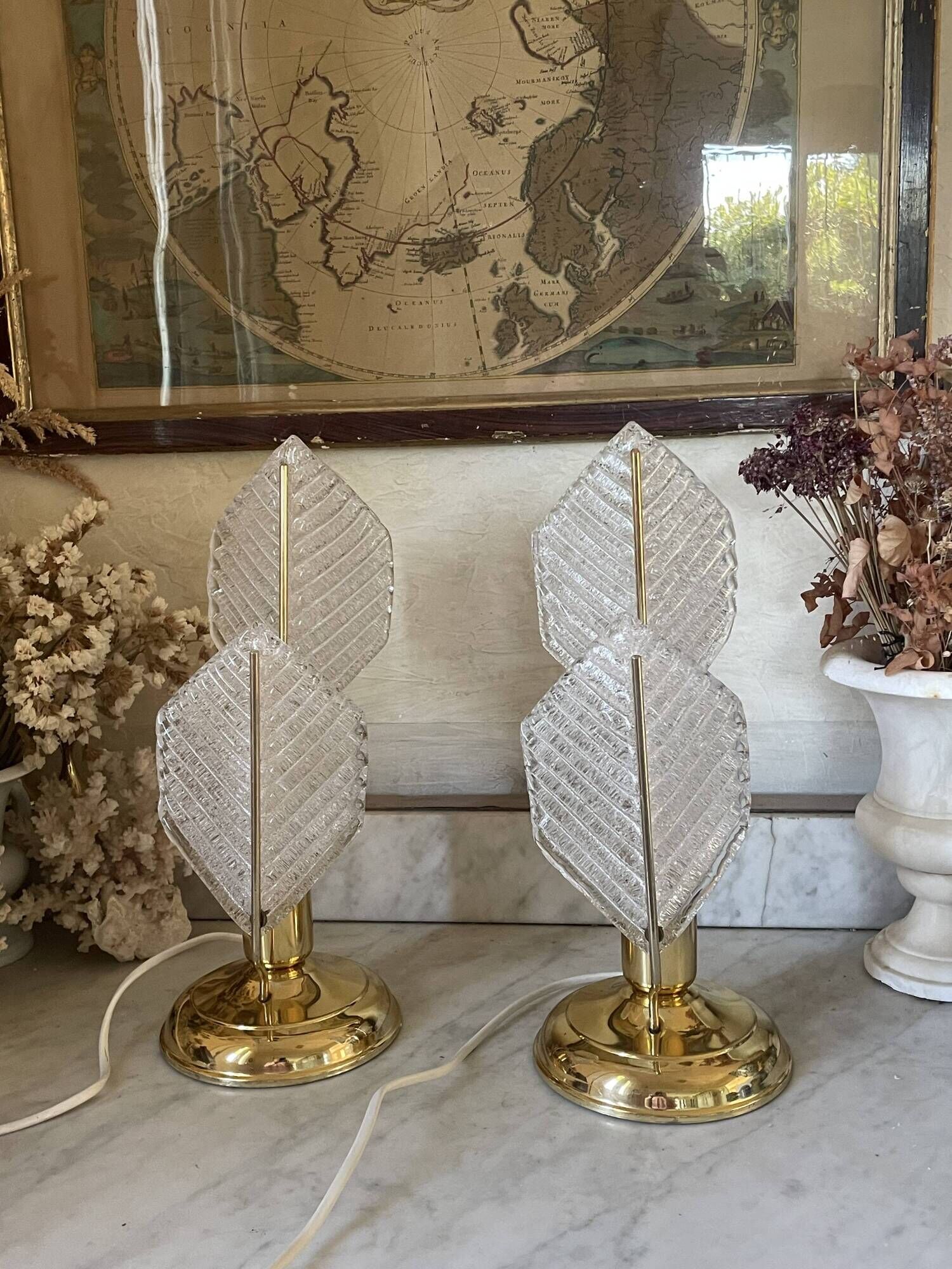 Paire de lampes métal doré et verre texturé, Mirasluz, 70’s