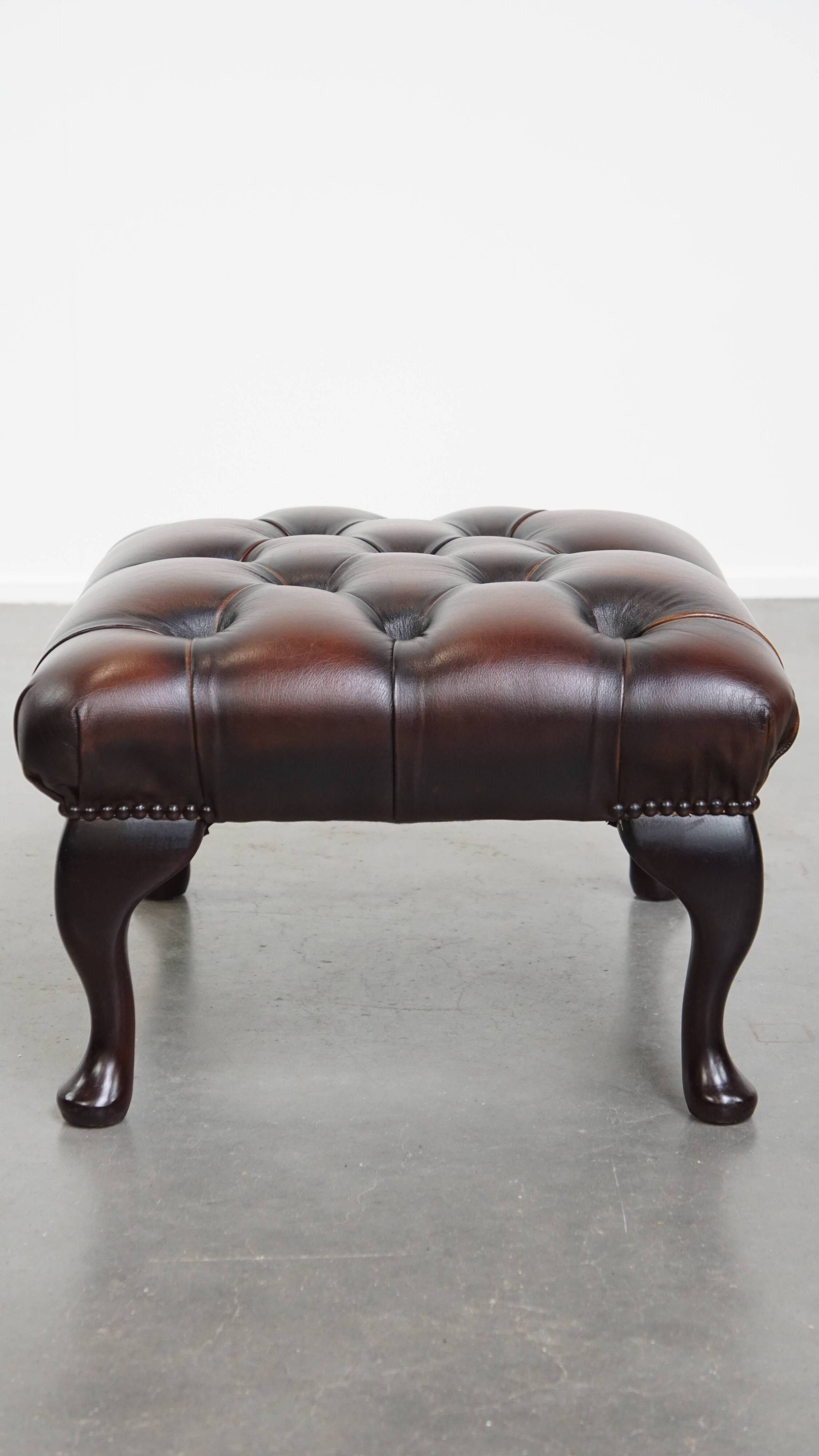 Dark Brown Chesterfield Ottoman Made of Cowhide Leather