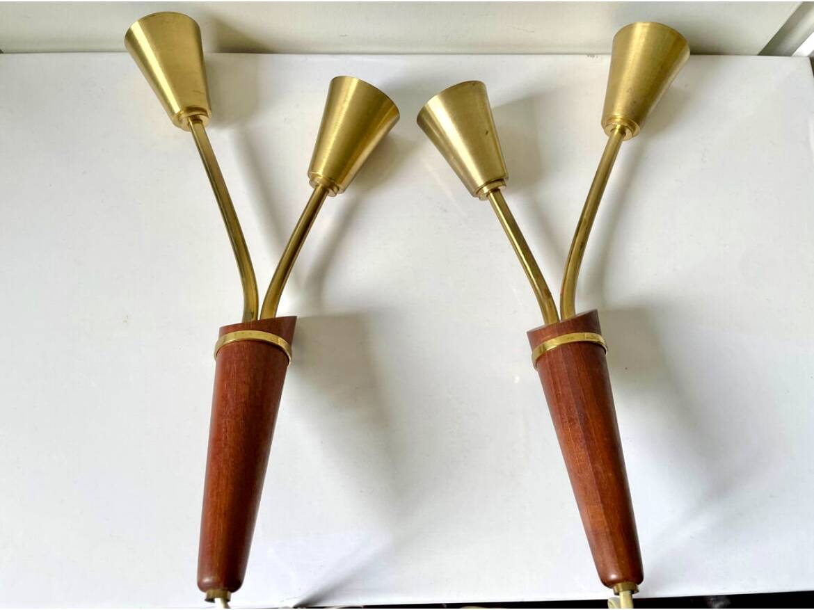 Pair of Scandinavian Midcentury wall lights sconces Brass & teak wood