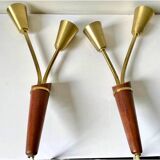 Pair of Scandinavian Midcentury wall lights sconces Brass & teak wood