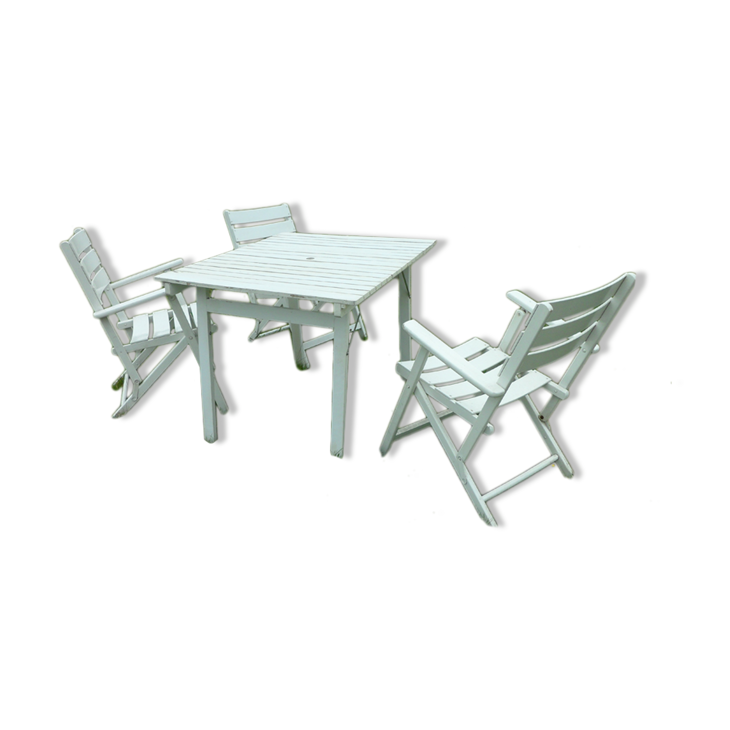 Salon de jardin table et 3 fauteuils en bois blanc