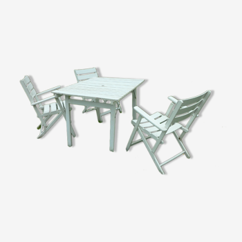 Salon de jardin table et 3 fauteuils en bois blanc