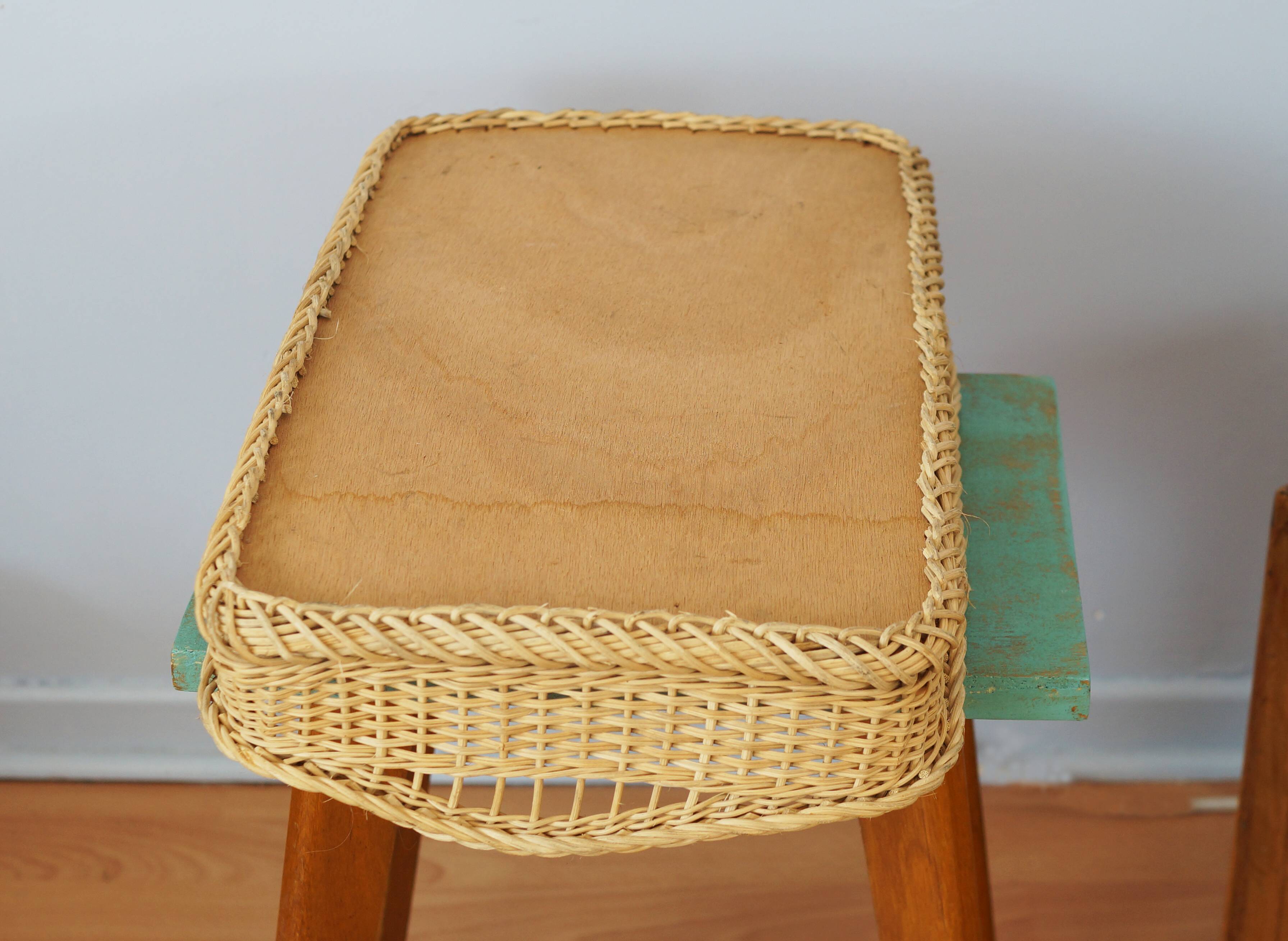 Wicker tray and yellow lacquered plywood, vintage