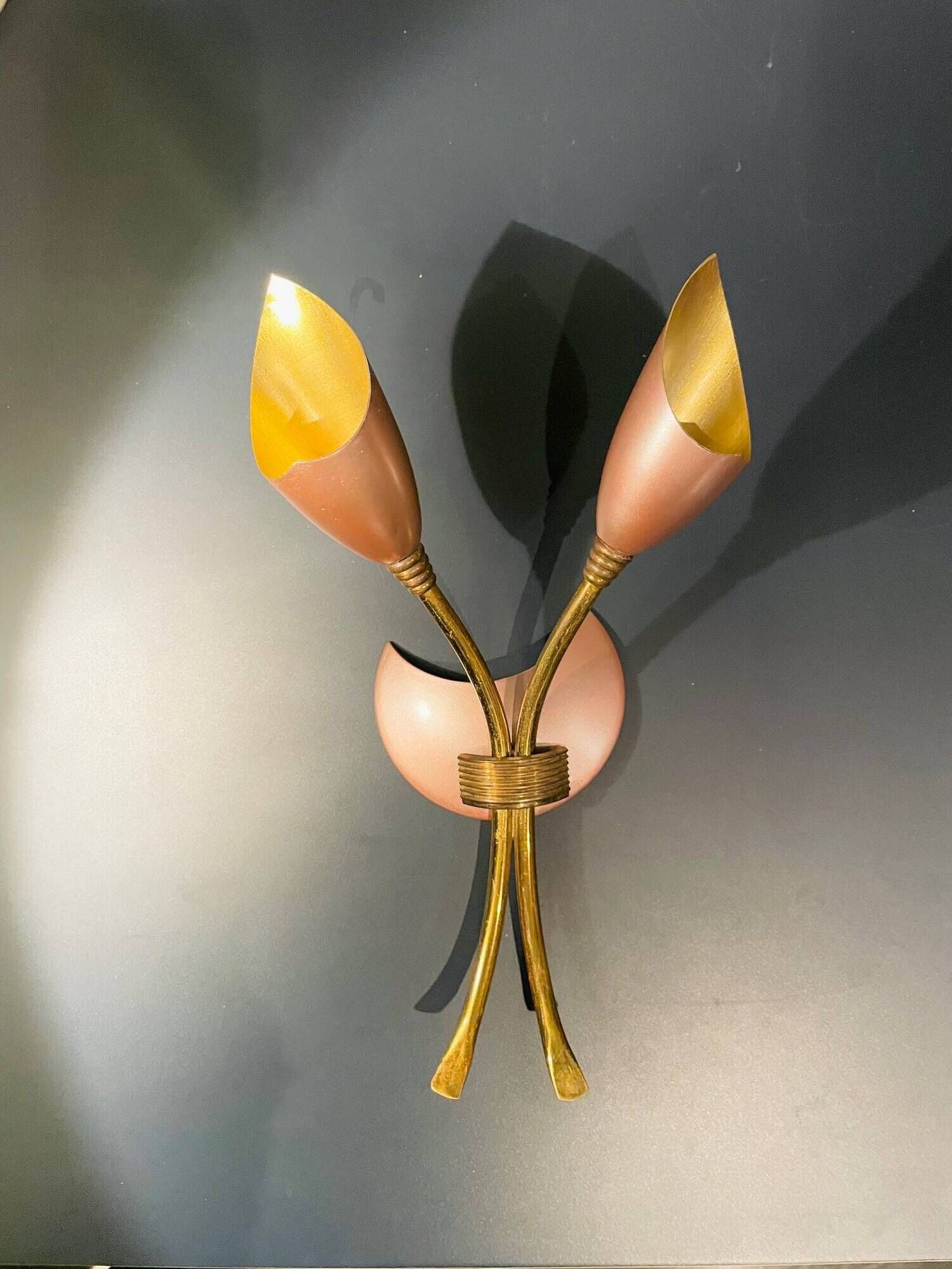 Vintage 1950s brass double wall sconce in the Italian Stilnovo style