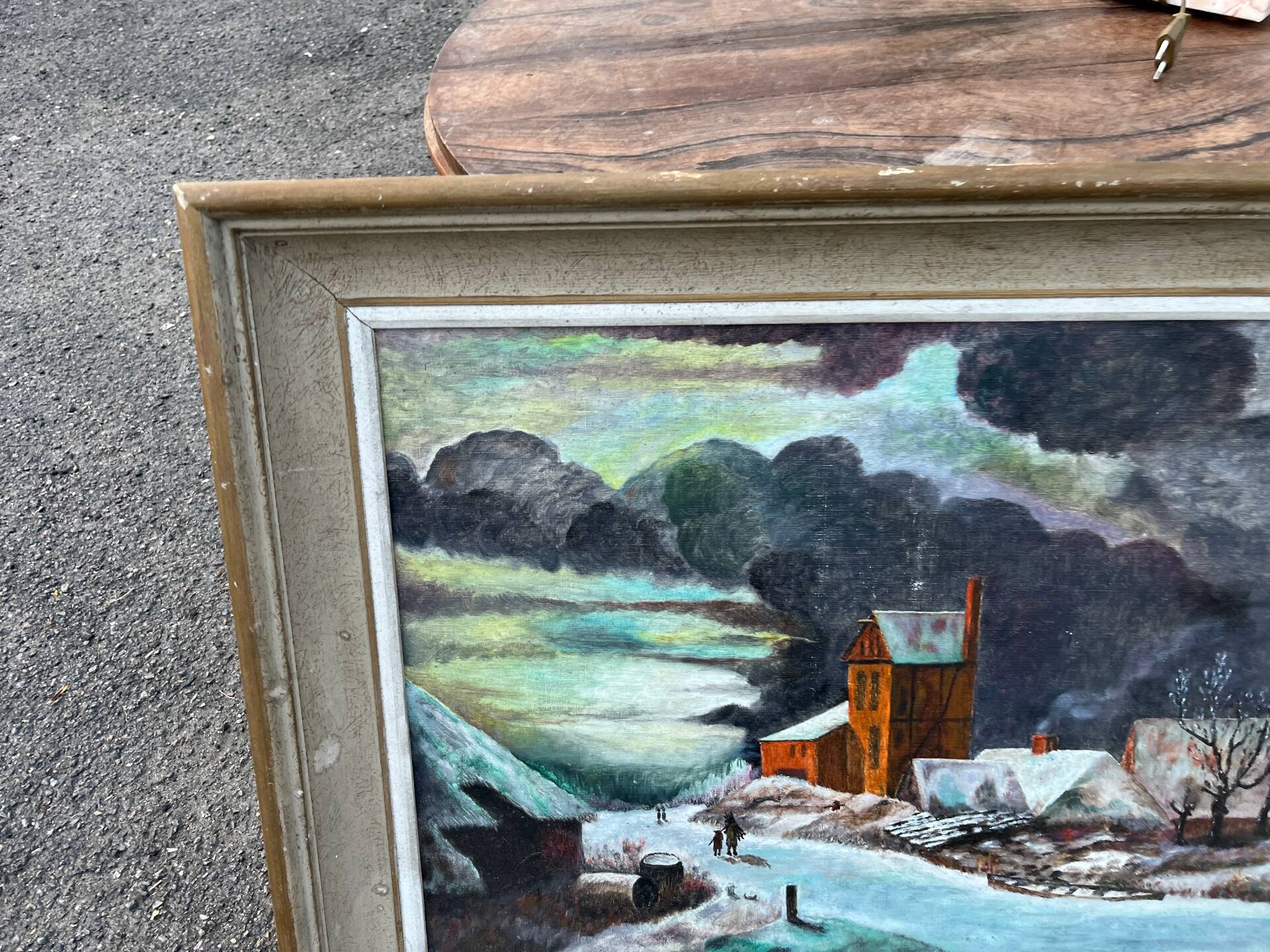 Tableau huile paysage hiver neige village signe H. Paris - Cadre