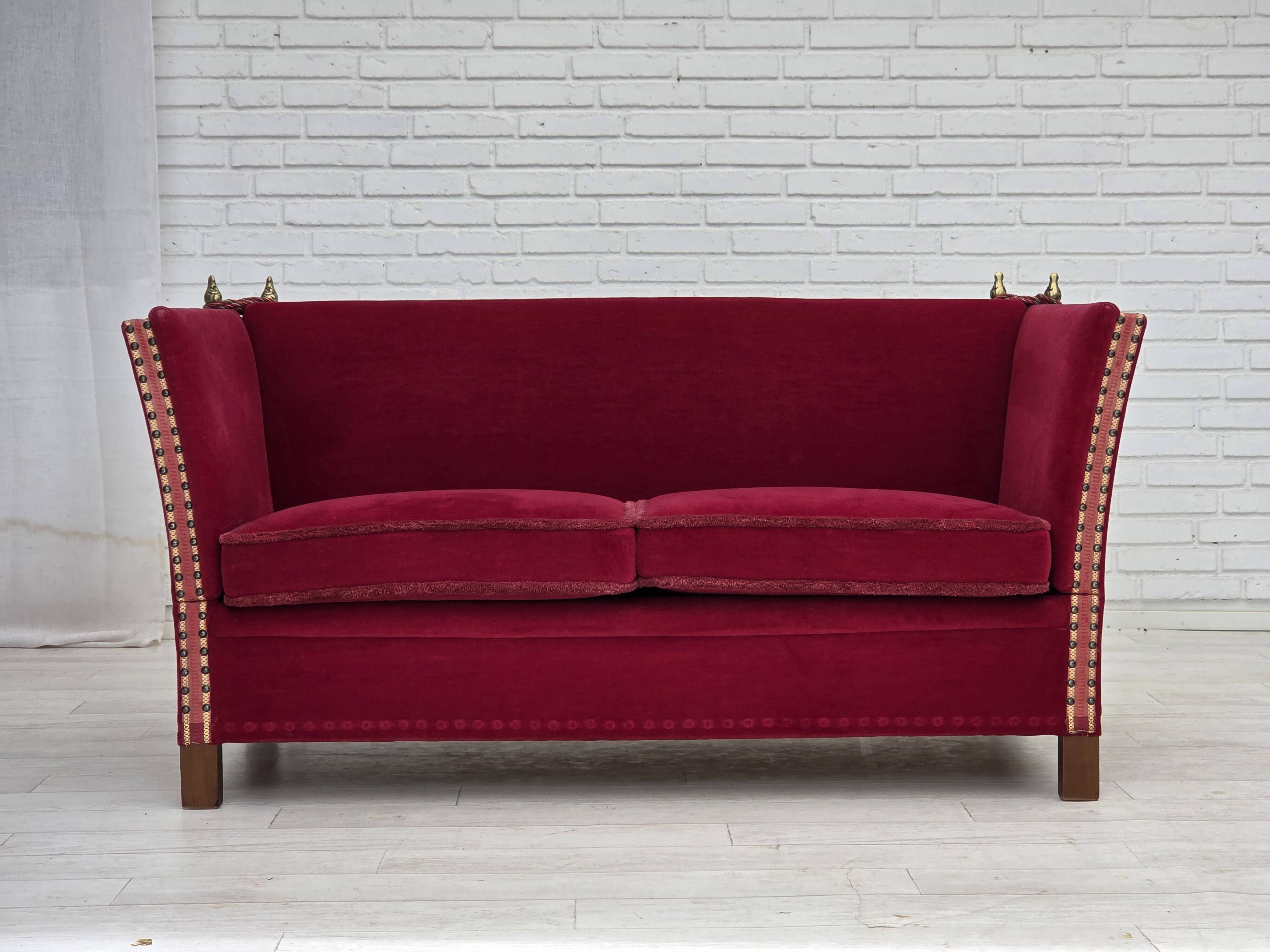 1970s, Danish 2-seater "Spanish" drop arm sofa, red furniture velour.