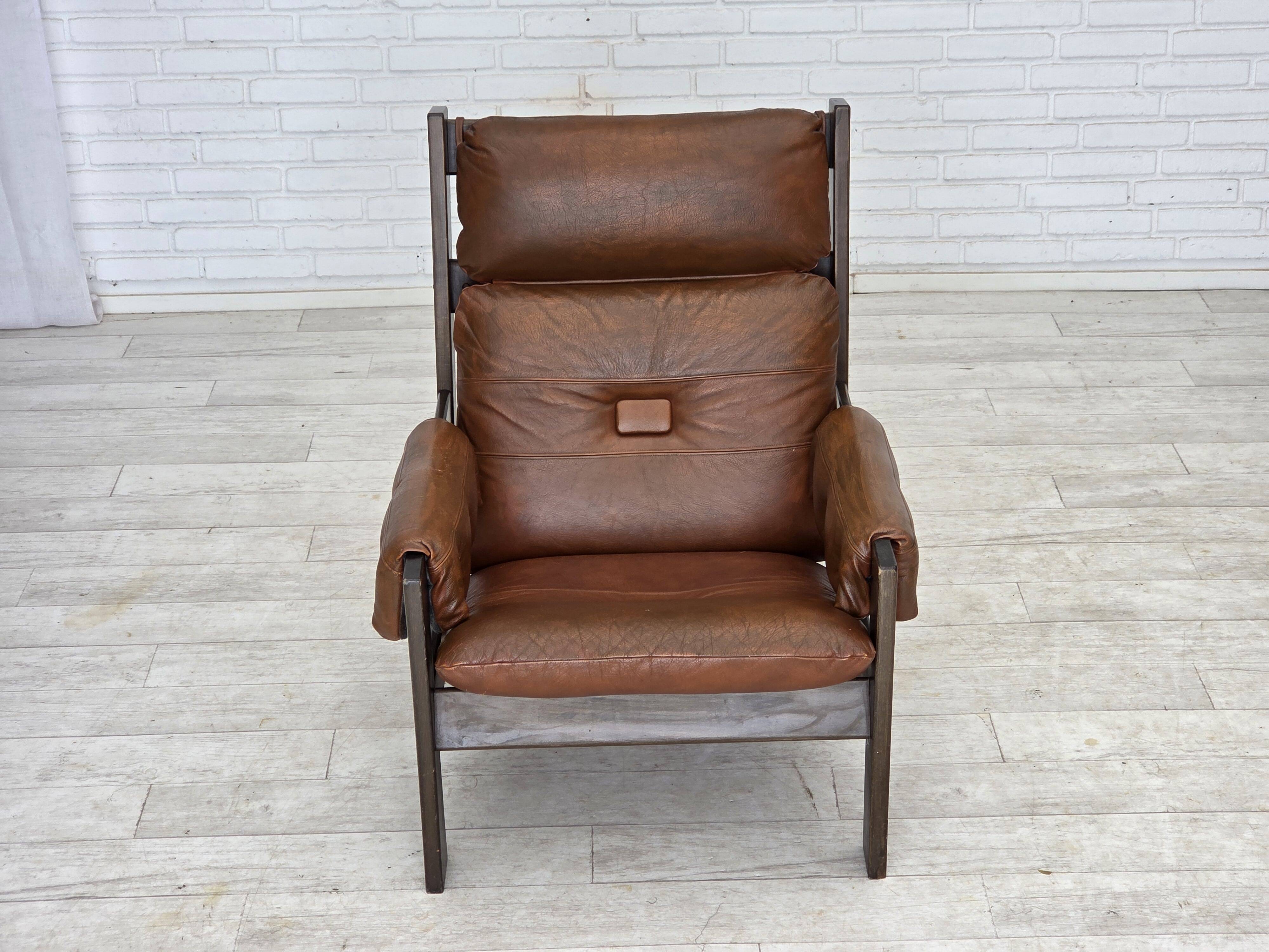 1970s, Scandinavian armchair, furniture leather, canvas, oak wood.