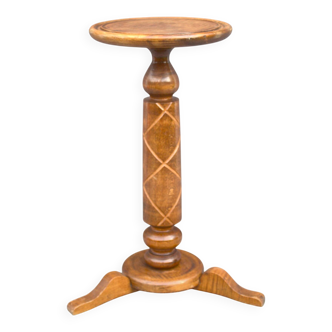 Antique Solid Wood Bonsai Pedestal Table, Ornate Carved Column, Elegant Home Decor