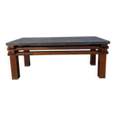 Table basse vintage en bois avec plateau en pierre, années 1970