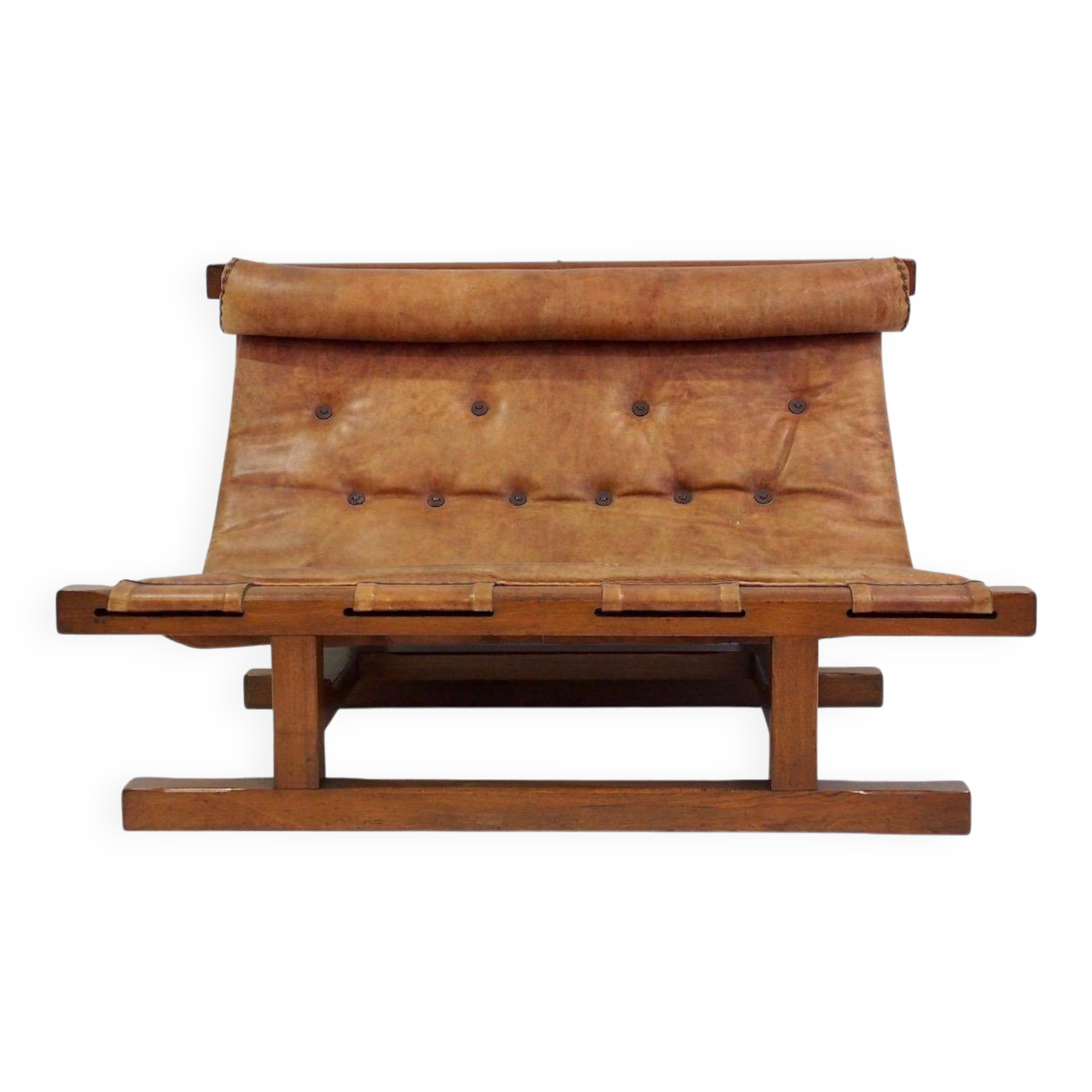 20th-century leather and Brazilian hardwood sofa, Brown