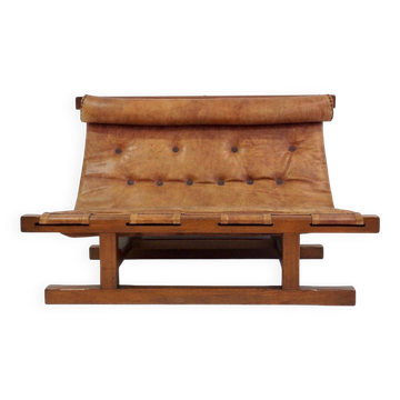 20th-century leather and Brazilian hardwood sofa, Brown