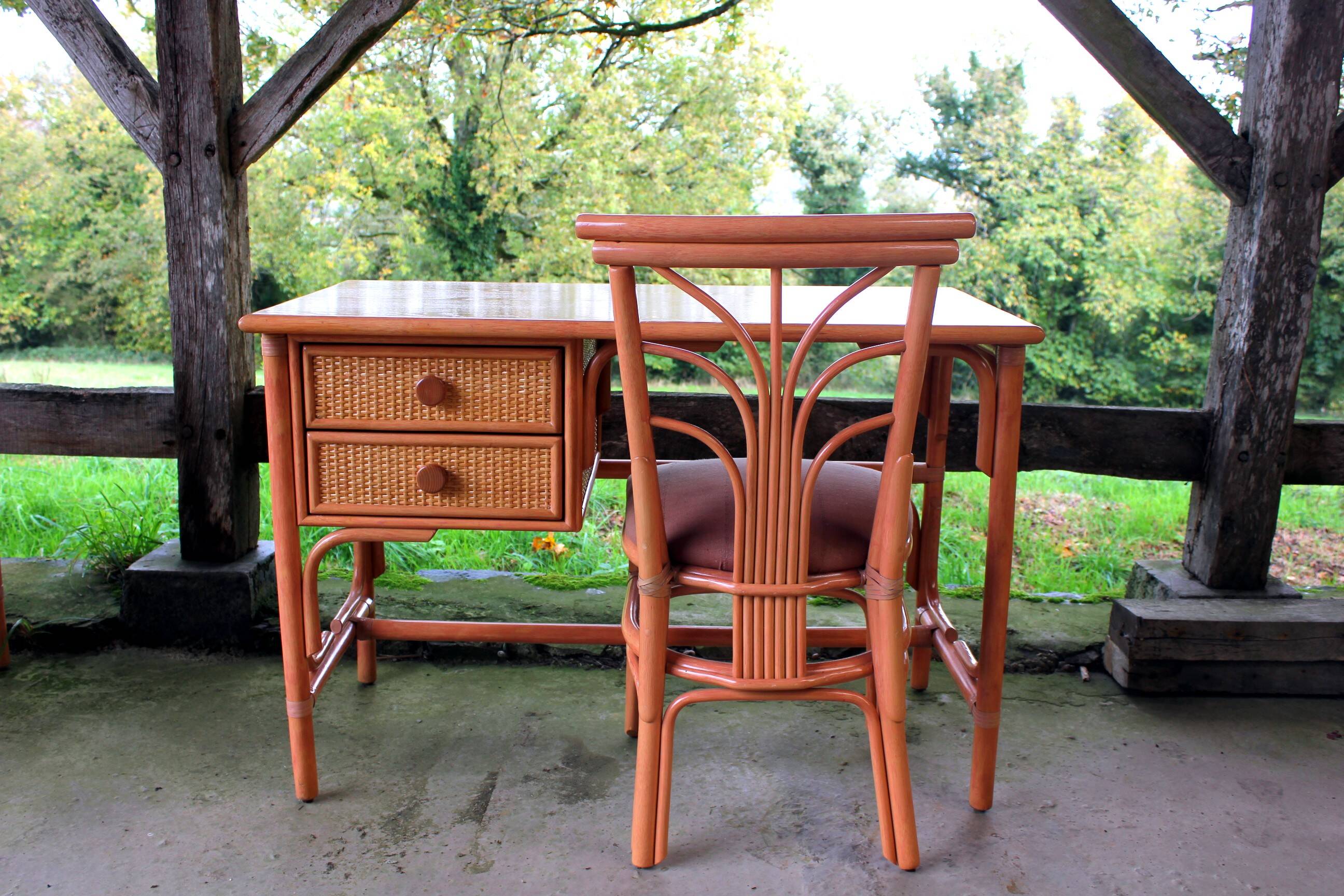 Rattan and beech desk and chair