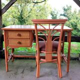 Rattan and beech desk and chair