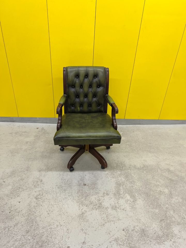 Vintage Green Leather Chesterfield Gainsborough Swivel Desk Chair
