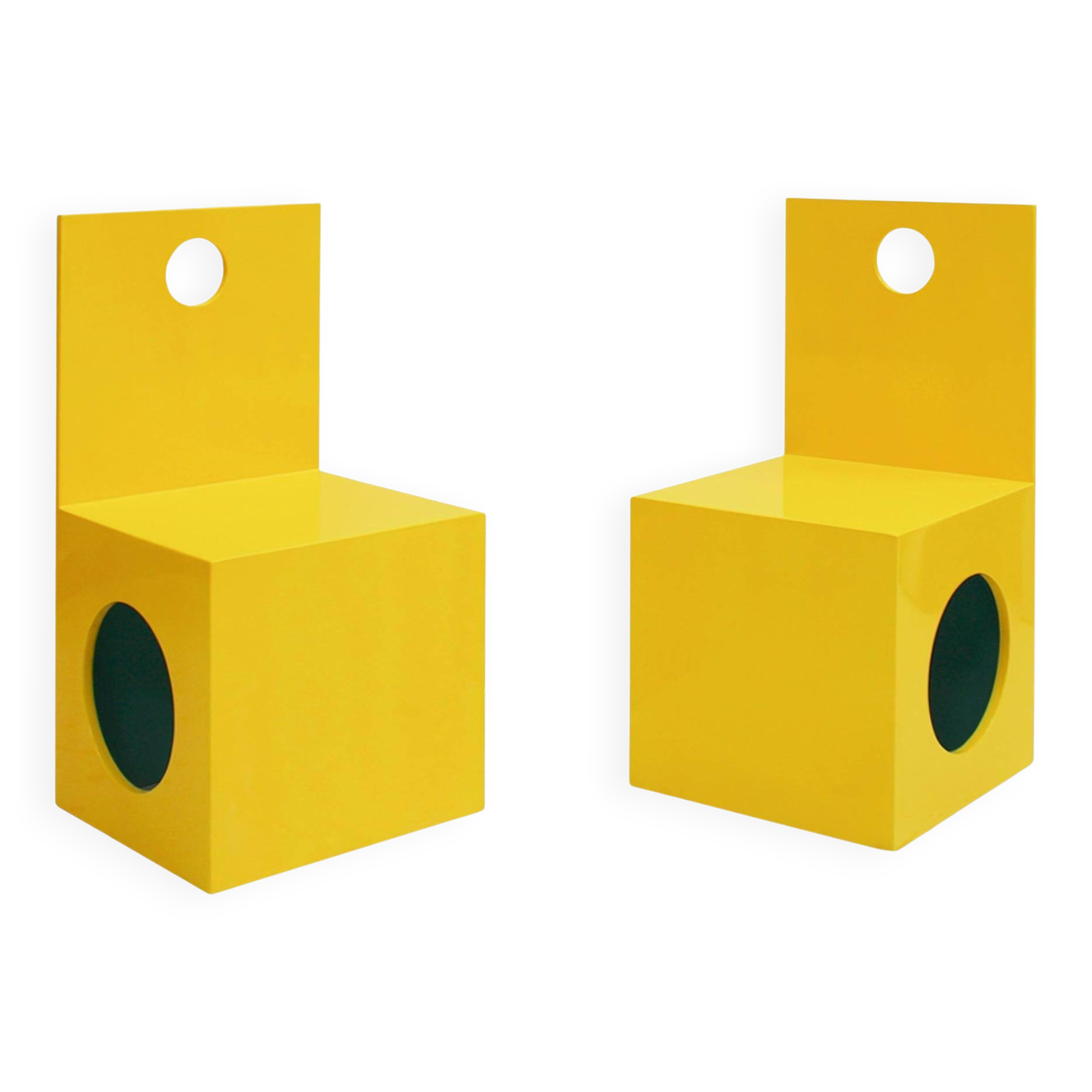 Eighties Yellow and Blue Lacquered Wood Italian 1980s Pair of Sculpture Chairs