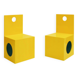 Eighties Yellow and Blue Lacquered Wood Italian 1980s Pair of Sculpture Chairs