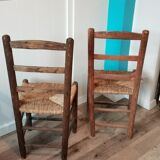St of 2 raw wood and straw chairs