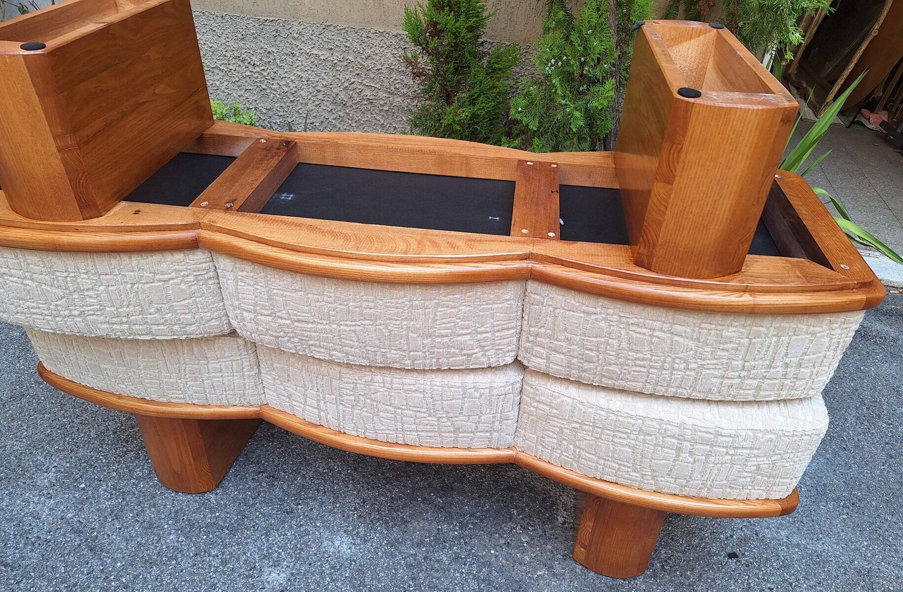 Three-Seater Benches in Sinuous Light Wood and Dedar Fabric, 2000s, Set of 2