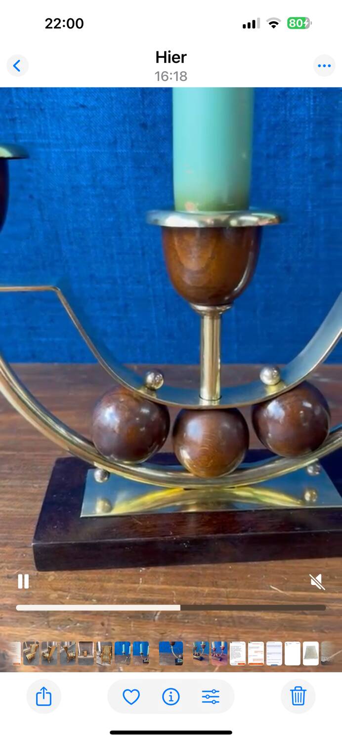 Pair of Art Deco candlesticks in brass and varnished wood, 1930s/1940s