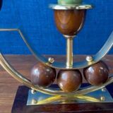 Pair of Art Deco candlesticks in brass and varnished wood, 1930s/1940s