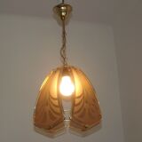 French ceiling light in gold metal with 4 decorative glass panels.