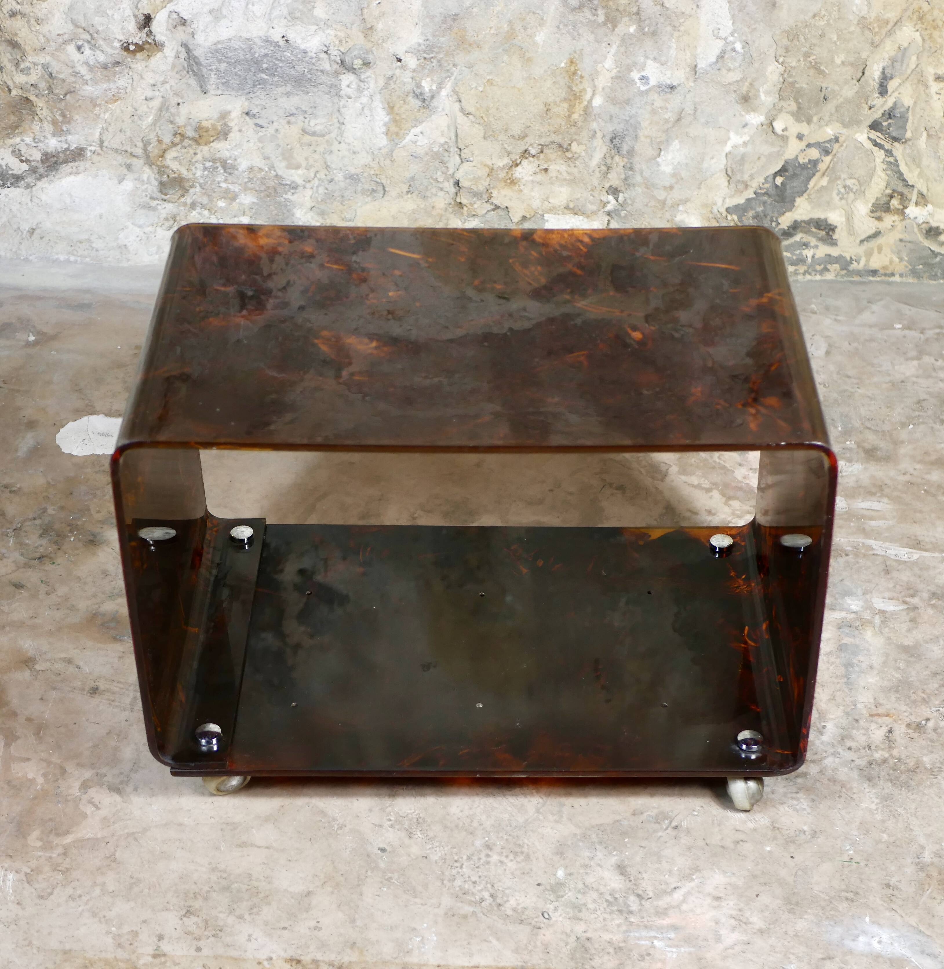 Tortoiseshell plexi side table on casters