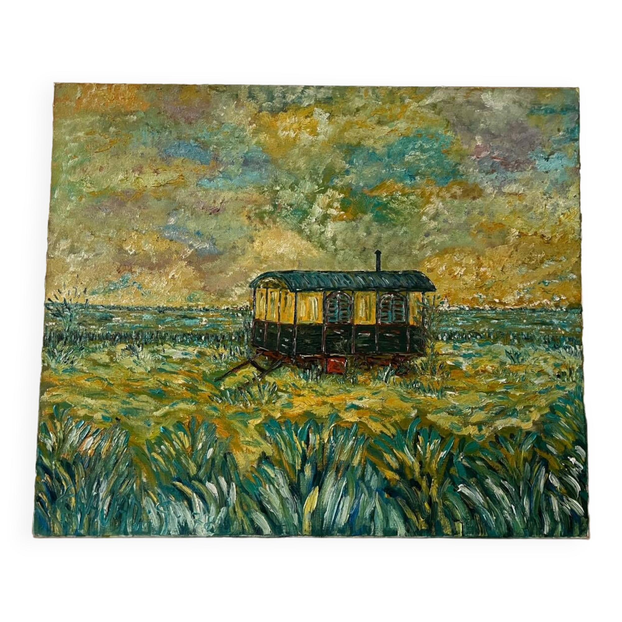 Canvas signed 20th century caravan with dedication on the back