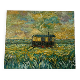 Canvas signed 20th century caravan with dedication on the back