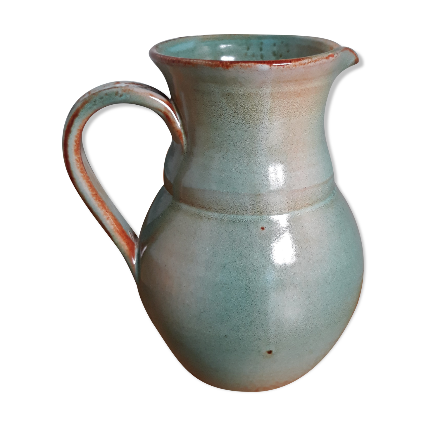 Pitcher with handle green celadon turquoise and caramel