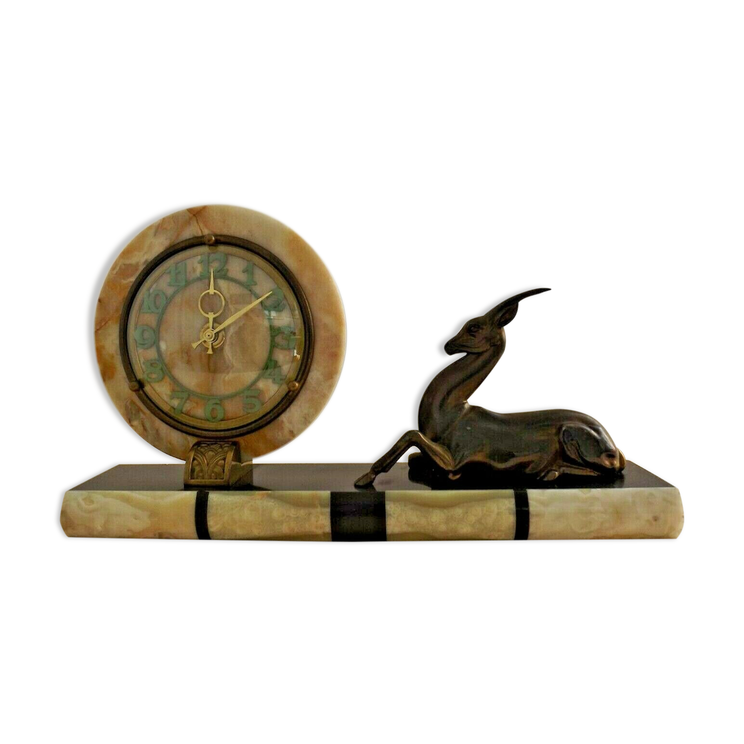 French Art Deco Clock Marble Onyx & Brass With A Bronzed Spelter Gazelle