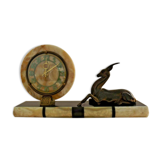 French Art Deco Clock Marble Onyx & Brass With A Bronzed Spelter Gazelle