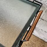 Black lacquered metal and glass serving table