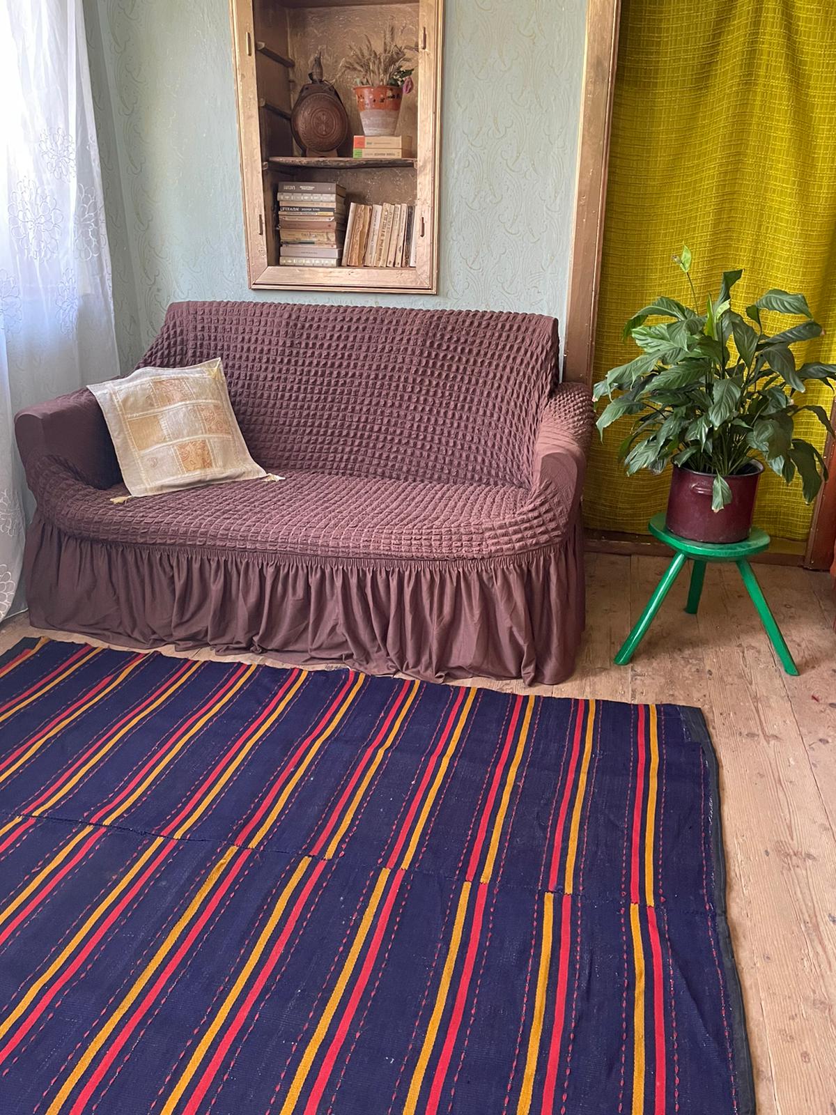 Romanian rug handwoven in wool, purple background with red and yellow stripes 183x133cm