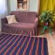Romanian rug handwoven in wool, purple background with red and yellow stripes 183x133cm