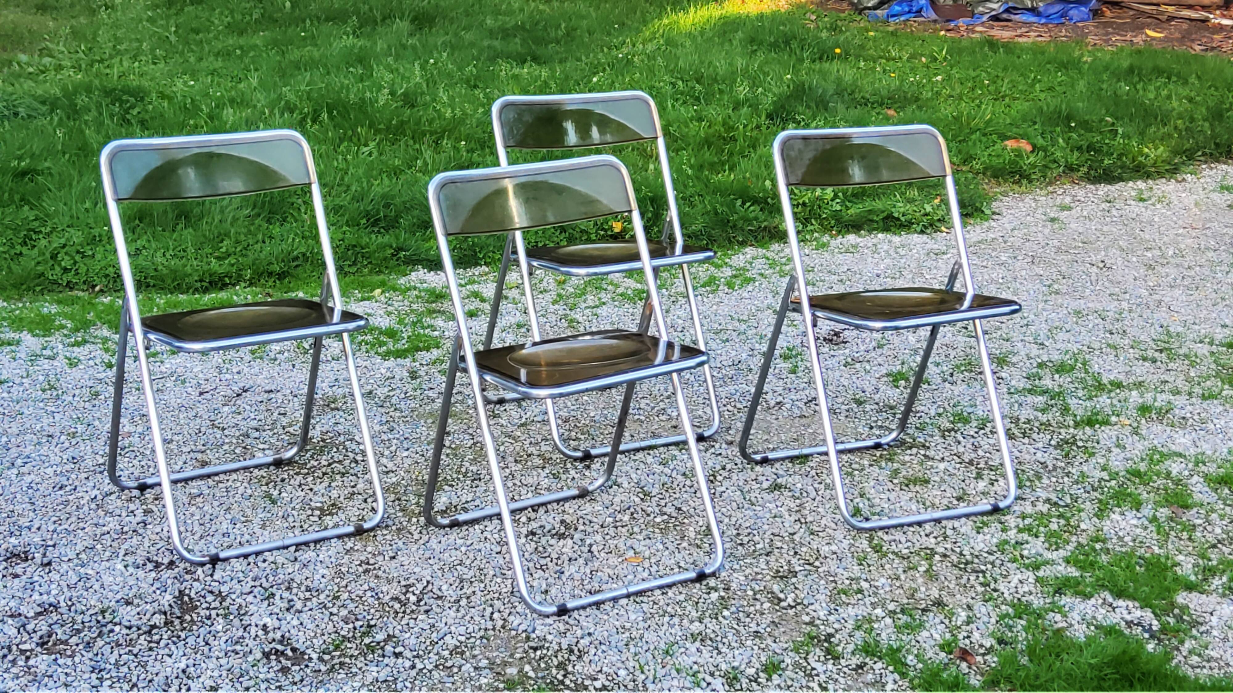 Set of 4 70s design folding chairs in smoked plexiglass and chrome metal