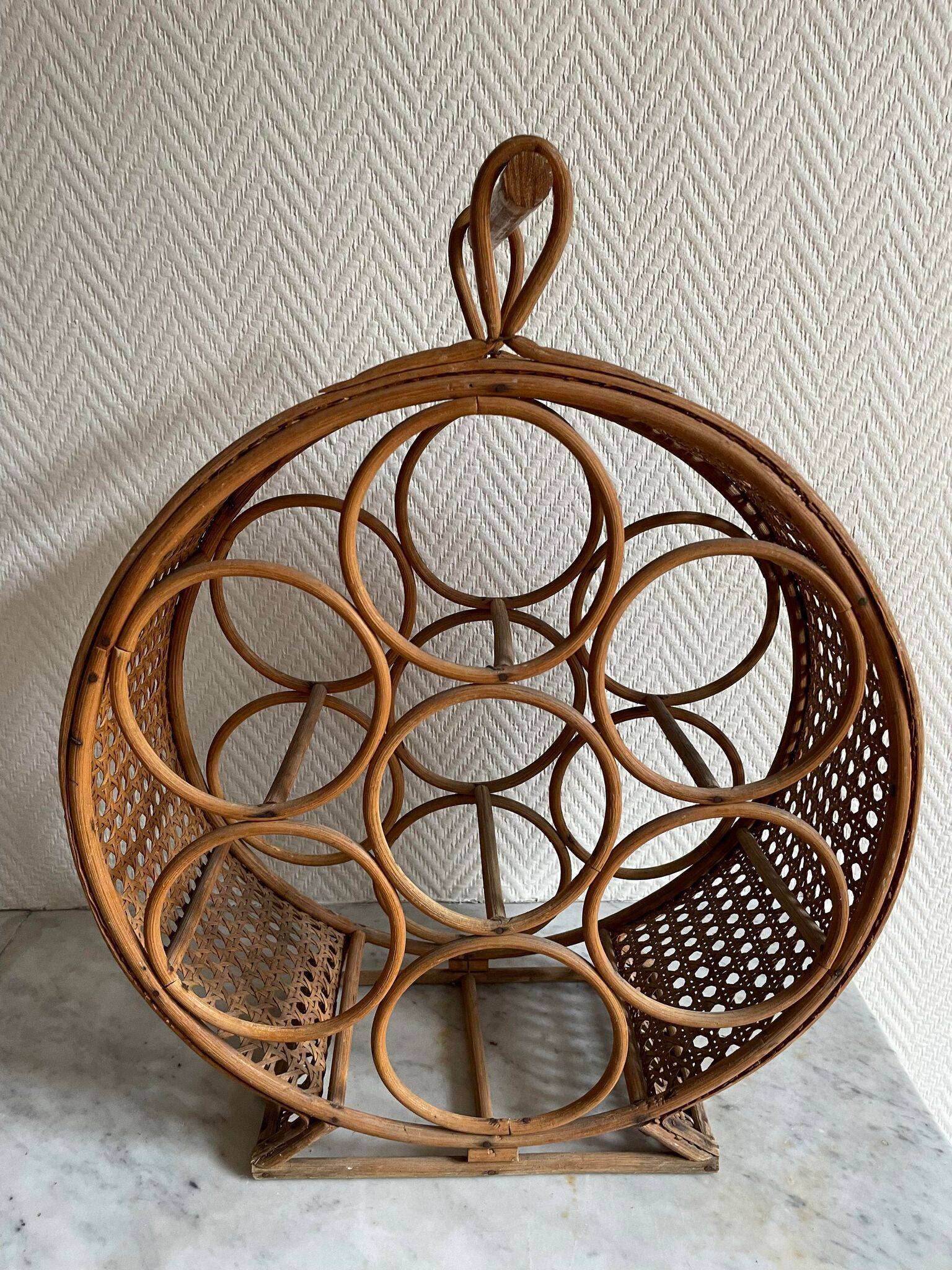 Rattan bottle holder, wood, vintage canework