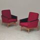 Pair of Drevotex Zamberk armchairs, red fabric and faux leather 1970