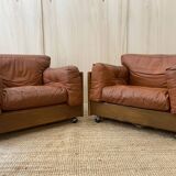 Pair of Cognac Leather Club Armchairs & Wood - Italian Design - 1970s