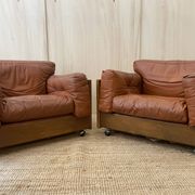 Pair of Cognac Leather Club Armchairs & Wood - Italian Design - 1970s