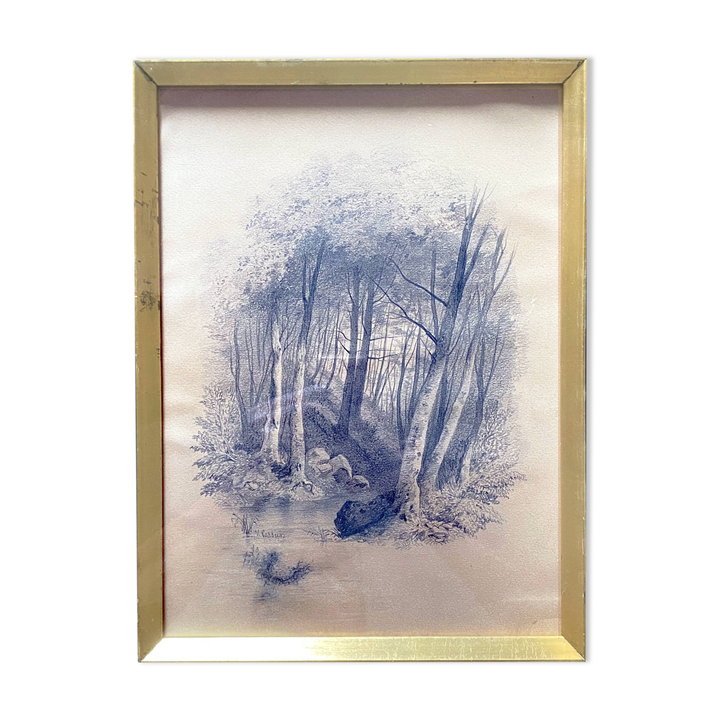 Painting drawing "Underwood" by Victor CASSIEN (1808-1893) + frame