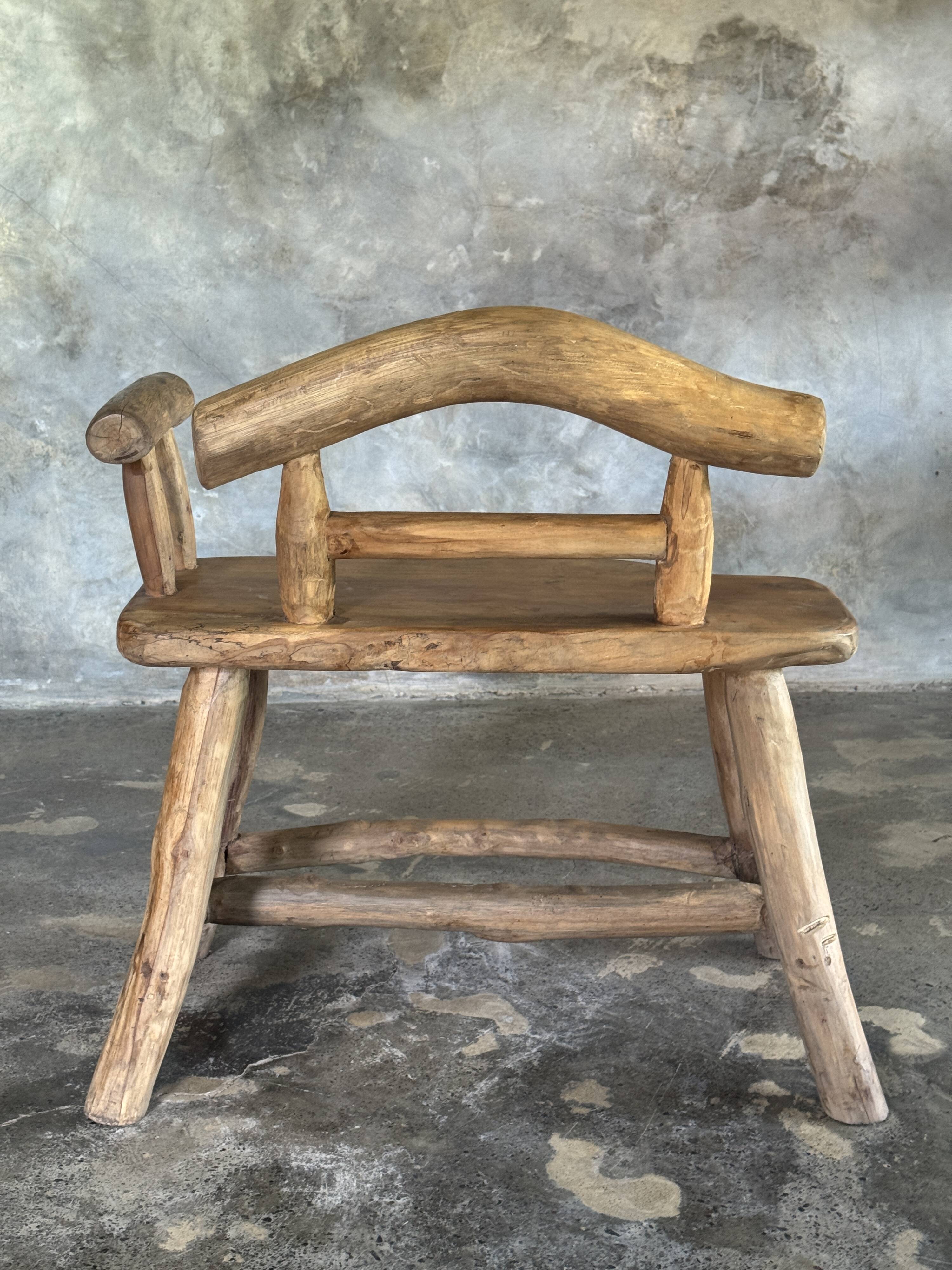 Small brutalist bench with backrest and armrests in Asian blonde teak H67 L6