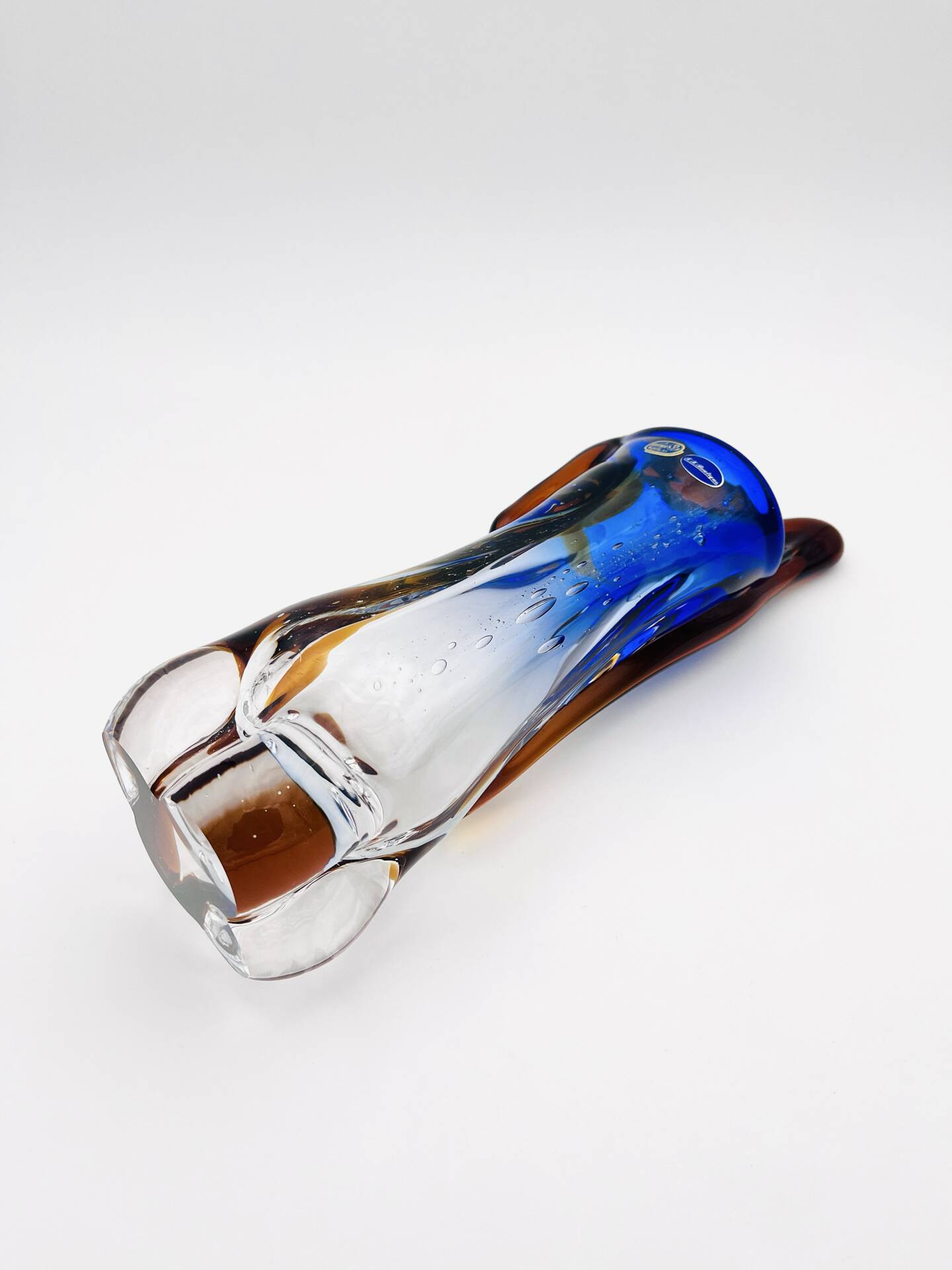 Large stretched glass sculpture vase from Bohemia – Cobalt blue, Amber