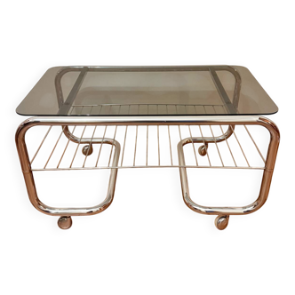 Table basse vintage Space Age – Chrome et Verre Fumé – Années 70